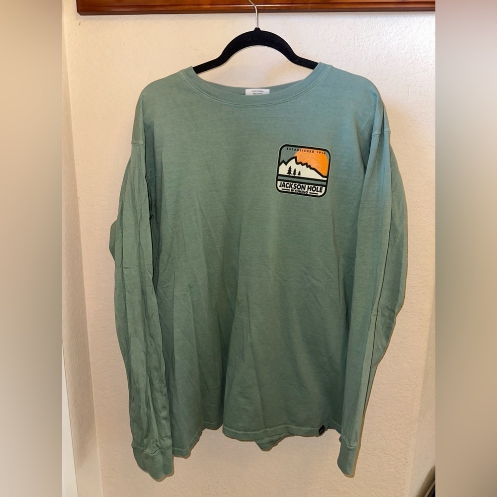 Techstyles Jackson Hole Wyoming Long Sleeve Graphic T-Shirt Green Sage Large LG